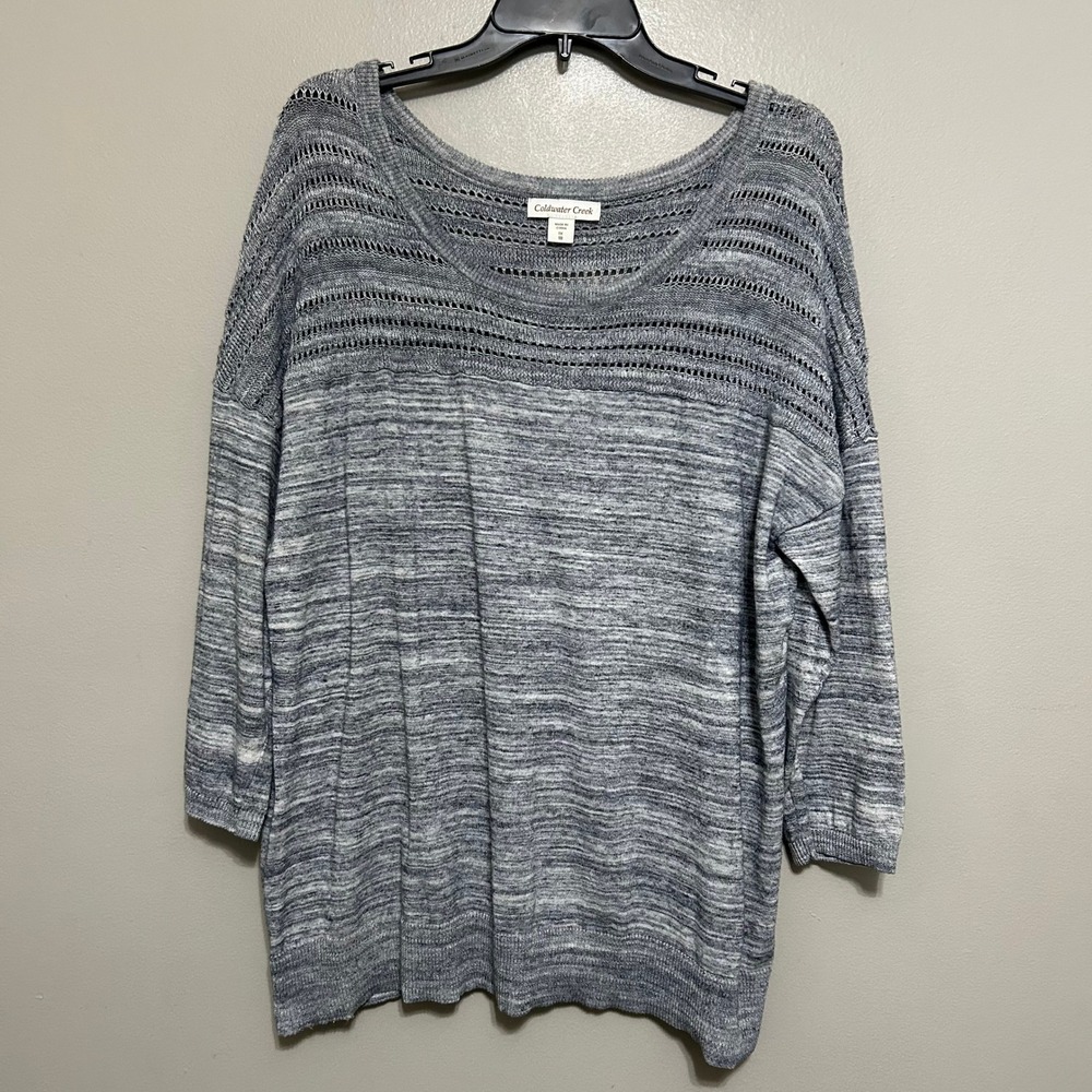 Coldwater Creek Sweater 1X 18 Blue Space Dye Crochet Yoke 3/4 Sleeve Coastal Fit